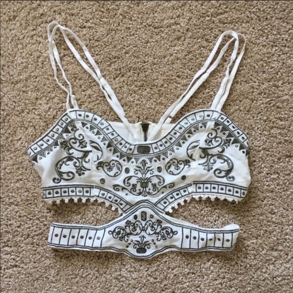 White cutout crop top with gold embroidery